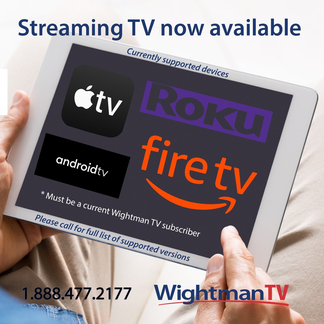 WightmanTel's tweet image. Experience the convenience and versatility of Wightman Streaming TV, your gateway to a world of captivating shows, movies, and sports accessible on any device within your home. #StreamingTV #WightmanTV #WatchAnywhere