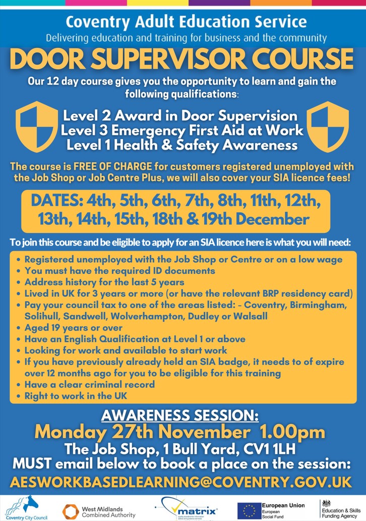 covjobsupport's tweet photo. Are you interested in gaining the following #qualifications with Adult Education?😍

✅Lvl 1 Health &amp; Safety Awareness
✅Lvl 2 Door Supervision
✅Lvl 3 Emergency First Aid at Work

Contact us to apply right now‼️

#JobShop #CoventryCityCouncil #CoventryJobs #Event https://t.co/X4wmTR4G26
