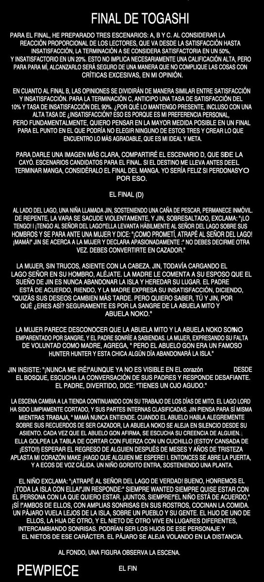 DaiTeDice's tweet photo. Togashi en una entrevista reciente dió un posible final para Hunter x Hunter (su Opción D) por si su salud no le permite terminar el Manga.

Cito: “Si el destino me lleva antes de terminar, considérenlo el final”

Me cayó como una piedra esto.

Les dejo la traducción y fuentes: https://t.co/xSjBX4U74K