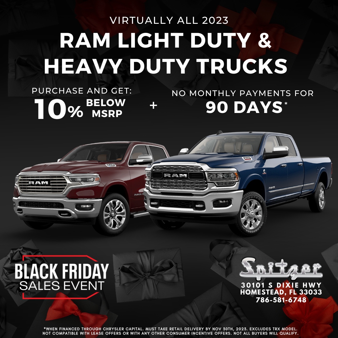 cdjrhomestead's tweet photo. RUN - don't walk!! Don't miss out on the chance to get a great deal on your next RAM purchase! 🛍️ Our Black Friday sale is offering 10% off MSRP on most 2023 RAM models AND no monthly payments for 90 DAYS! 

https://t.co/laAHOUGw6s https://t.co/LEu3rtbTVB