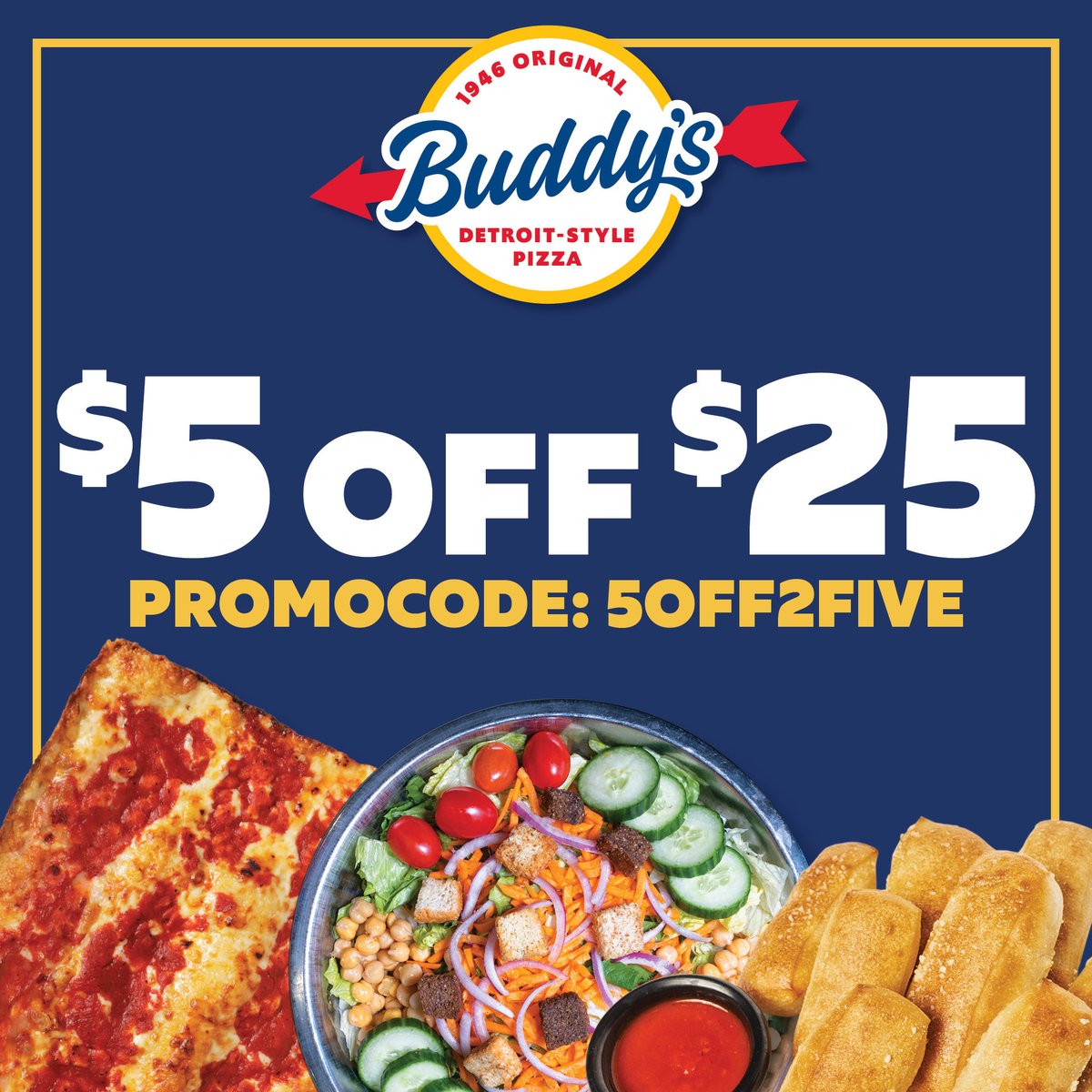 Buddy's is calling 🍕 Order now and get $5 OFF $25 when you use Promocode: 5OFF2FIVE 👉 buddyspizza.com #BuddysPizza #Promo #Pizza #Savings