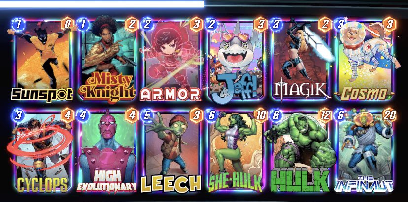 IcedTeaGuy_'s tweet photo. Just hit infinite with SheNaut Evo. Deck is really good. Cosmo and Leech won me a lot of games. 🧡

Thanks @DeraJN for the inspiration! Just replaced Nebula for Jeff because I was seeing a lot of Prof X. :)

#MarvelSnap https://t.co/Vu1ADZZjqs