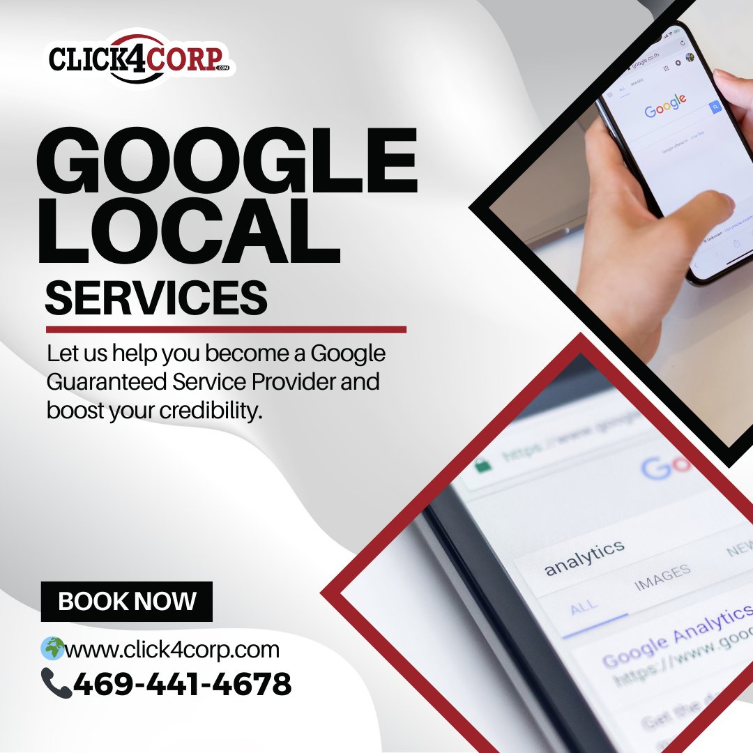 Click4_Corp's tweet photo. Attention local businesses in Dallas! Don't miss out on the benefits of Google Local Services ads. Contact Click4Corp and get noticed today! 
**
🌍https://t.co/1x439K9fW8
📞469-441-4678
#WebDesign #SEO #Dallas #AllenTX #Plano #DigitalMarketing
 #WebsiteLaunch #Click4Corp https://t.co/v7y2U4tpvq