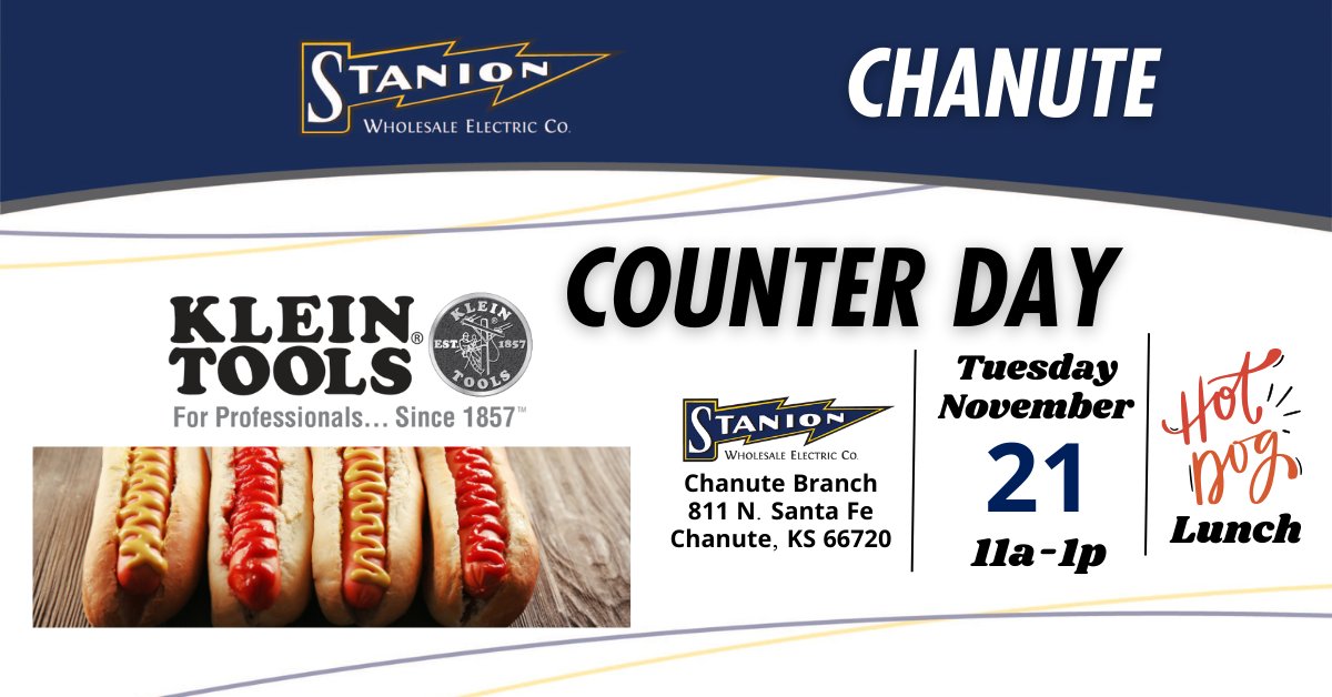 StanionElectric's tweet photo. π Mark your calendars for an event at our Chanute Branch! Klein will be showcasing the latest and greatest products. Also, enjoy some hot dogs for lunch!
π£ Spread the word and invite your colleagues! We can't wait to see you there! π
#CounterDay #Chanute https://t.co/n4eAG6jwDz