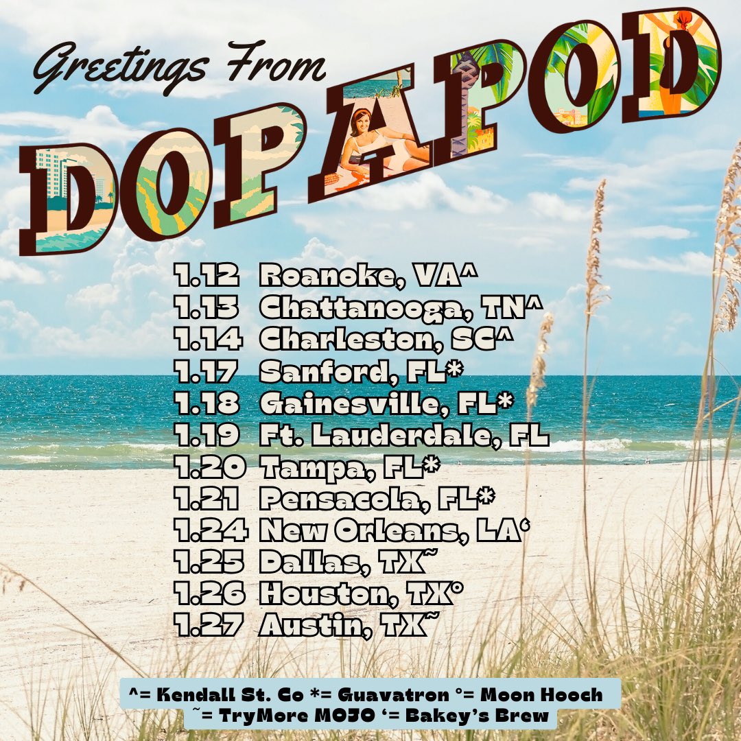 Dopapod (@dopapod) on Twitter photo π΄π¨JANUARY SUPPORT!!π¨π΄
Weβre excited to announce the first round of support for the winter/spring tour 2024!! Weβll be joined by @kendallstreetcompany, @guavatron, <a href="/moonhooch/">Moon Hooch π·π₯π·</a> (co-headline), and @trymoremojo.  
Stay tuned for more new dates announcing next week π΄π¨JANUARY SUPPORT!!π¨π΄
Weβre excited to announce the first round of support for the winter/spring tour 2024!! Weβll be joined by @kendallstreetcompany, @guavatron, <a href="/moonhooch/">Moon Hooch π·π₯π·</a> (co-headline), and @trymoremojo.  
Stay tuned for more new dates announcing next week