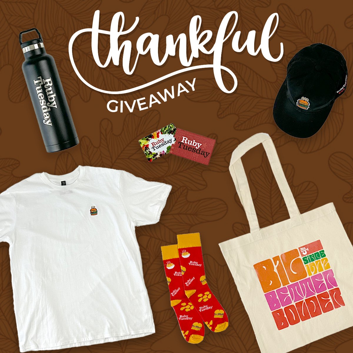 rubytuesday's tweet image. There's no better time than the season of giving to do something special for YOU! Tell us what you're most thankful for at Ruby Tuesday and you could win a Ruby Merch Box. Just like this post ❤️, retweet, and comment 👇 for a chance to win! #WinBigWithRuby #ThankfulForYOU