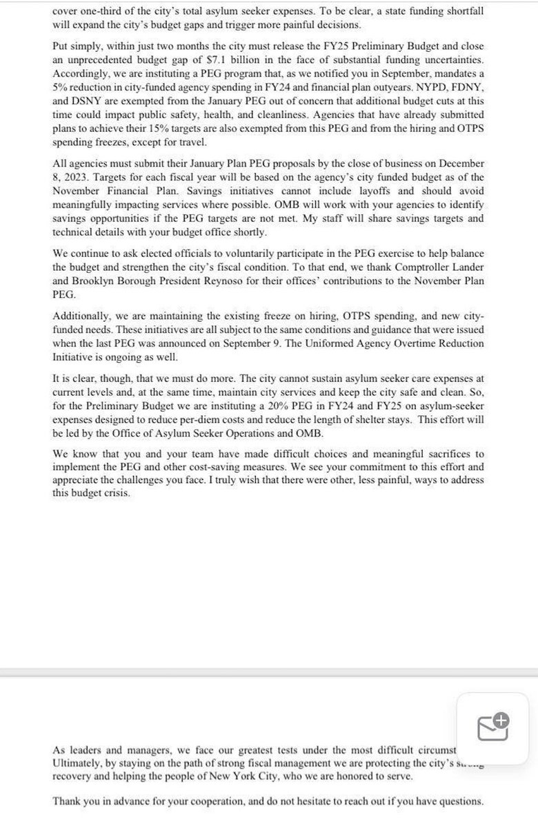 In his latest letter directing city agencies to slash costs, the mayor's budget chief is demanding 20 percent cuts to asylum seeker costs: