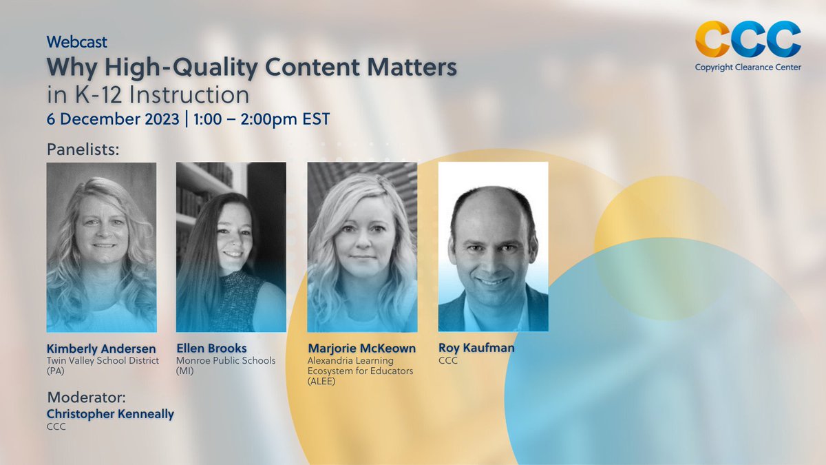 Join @copyrightclear and a panel of curriculum, instruction and copyright experts exploring the value of compliantly using high-quality, authentic content in #k12instruction to deepen engagement with students and build literacy. #K12 #curriculum #copyright go.copyright.com/l/37852/2023-1…