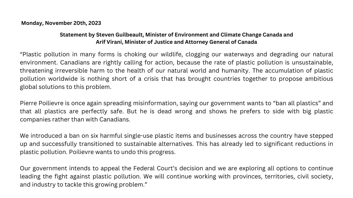 Plastics harm our environment. 

Our government will continue to lead the fight against plastic pollution.

Read Minister <a href="/viraniarif/">Arif Virani</a> and my recent statement here 👇
