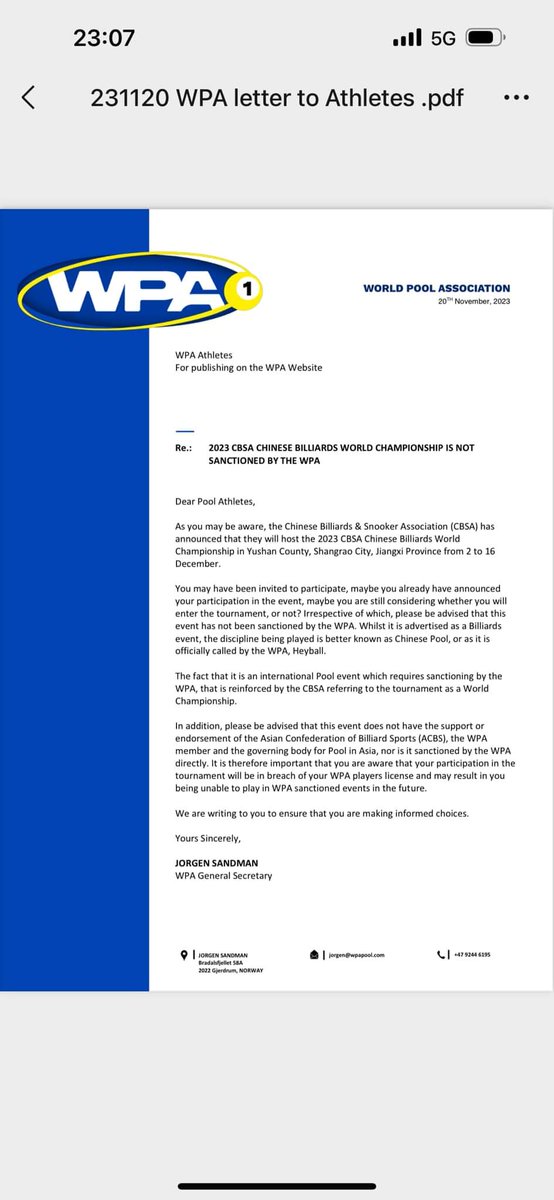 sppalliance_ng's tweet photo. WPA warns players against CBSA world championship. Threaten sanction for participation. https://t.co/u04O2vRdwq