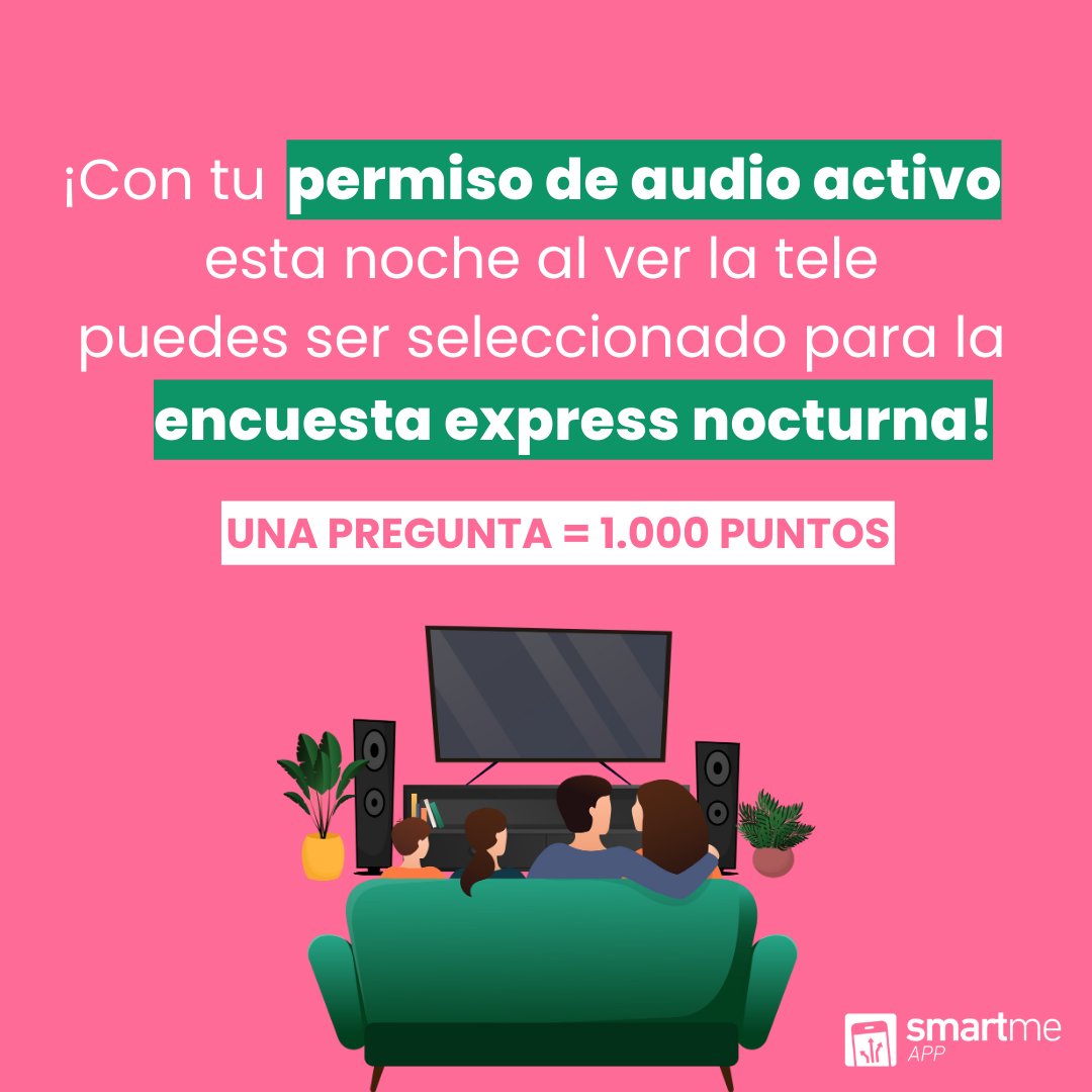 Activar el permiso de audio en Smartme App puede hacerte ganar 1.000 puntos en 10 segundos esta noche! 
Manteniendo activado tu permiso de audio, el sistema puede seleccionarte para poder participar en la encuesta express nocturna 🍀