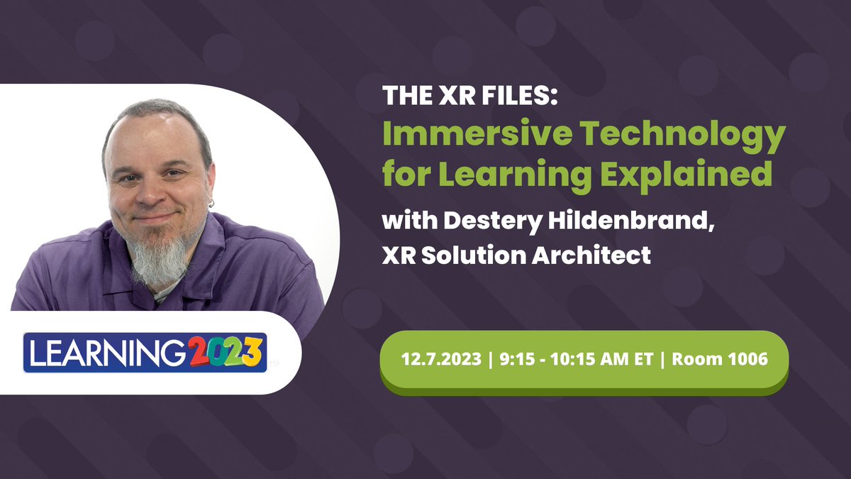 Will we see you at @learning2023_us in Orlando? Destery Hildenbrand, XR Solution Architect, will speak at the conference during his session 'The XR Files: Immersive Technology for Learning Explained,' taking place on Thursday, December 7, at 9:15 AM in Room 1006.