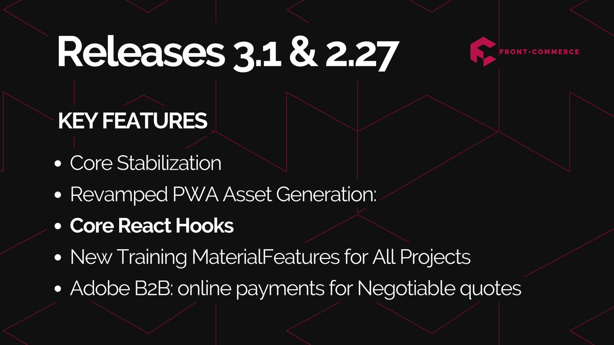 Front-Commerce 3.1 &amp; 2.27 are both out now → a mix of new capabilities and core stabilization for improved project support. 🚀

👀 Get the changelog here → developers.front-commerce.com/changelog/fron…

🙏🏼 Thank you to everyone that worked on this release! Happy coding!