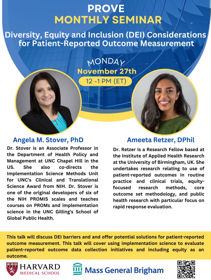 Join us in welcoming all-star @Angela_M_Stover and Ameeta Retzer on Monday, Nov 27 at 12pm EST for a session on #DEI considerations for #PROMs at the #PROVE Monthly Seminar Series. Link to join - partners.zoom.us/j/83391024156