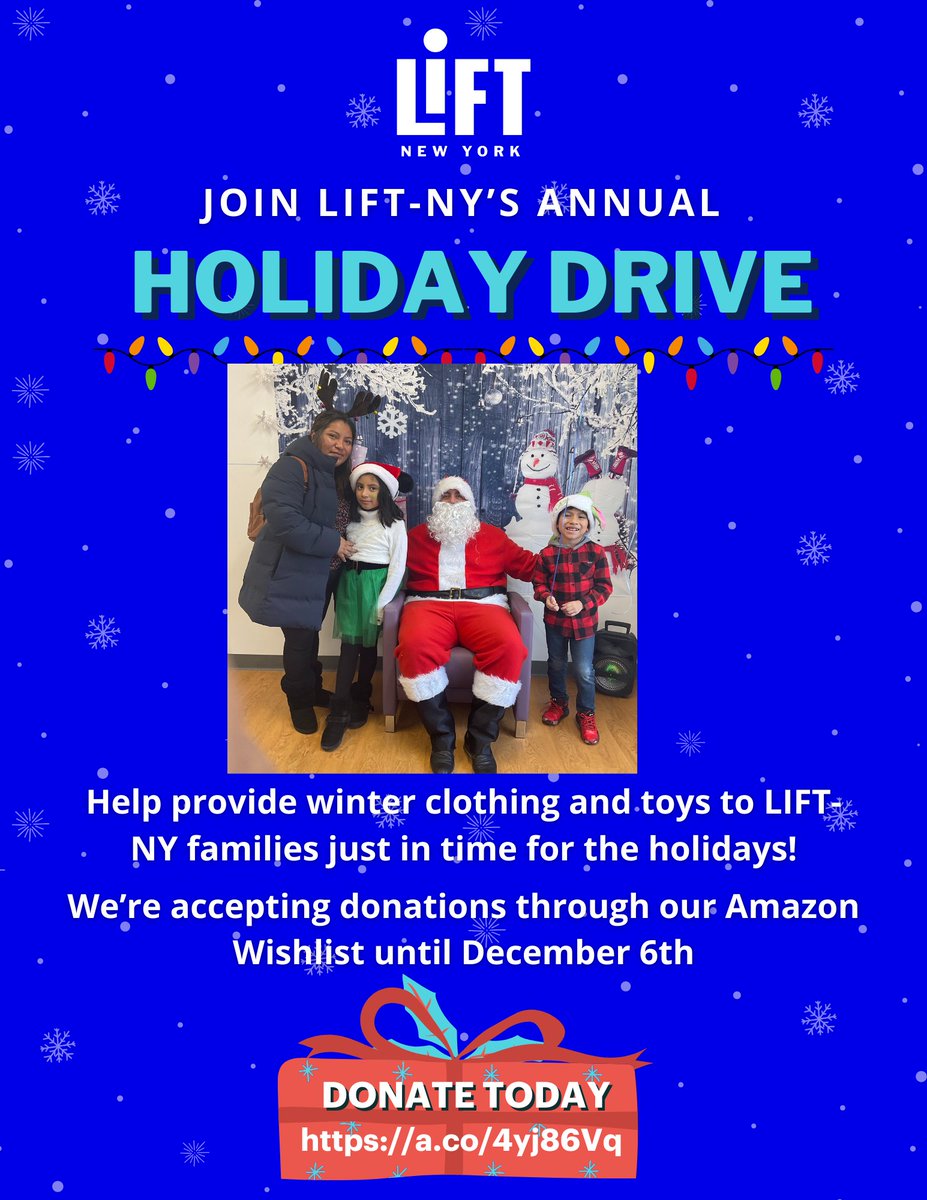 #LIFTNY is holding their Holiday Drive until December 6th! Help provide warm winter clothing and toys to LIFT-NY families! Donate today! Amazon Wish List-bit.ly/40MwUrW