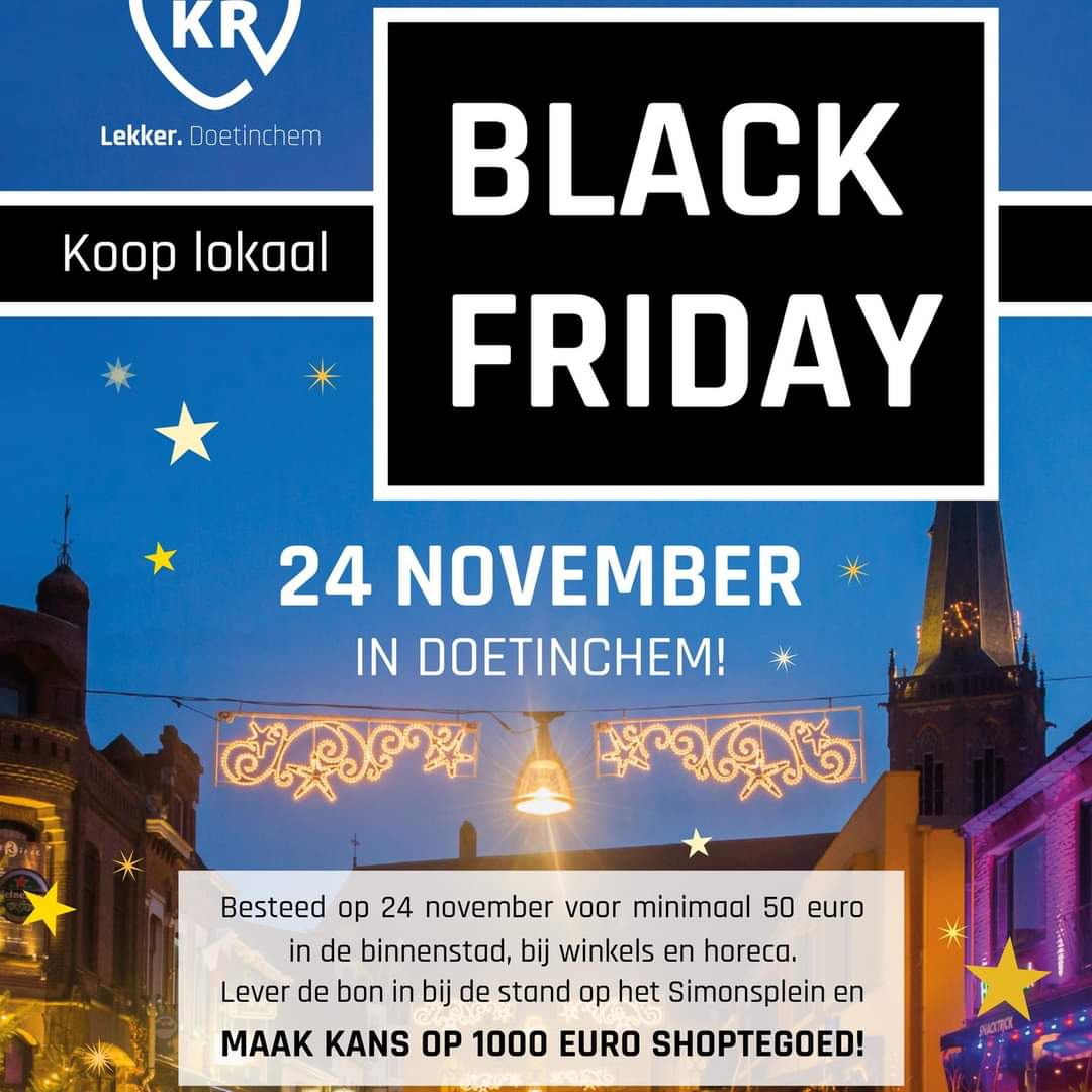 ODoetinchem's tweet photo. Black Friday in Doetinchem! 🛍️
Geef min €50 uit in de binnenstad, laat je bon zien bij onze stand op het Simonsplein en maak kans op €1.000 shoptegoed! We geven maar liefst 3x shoptegoed weg !
Het shoptegoed dient ook uitgegeven te worden in de binnenstad op een later moment. https://t.co/qgwoeNJ4lo