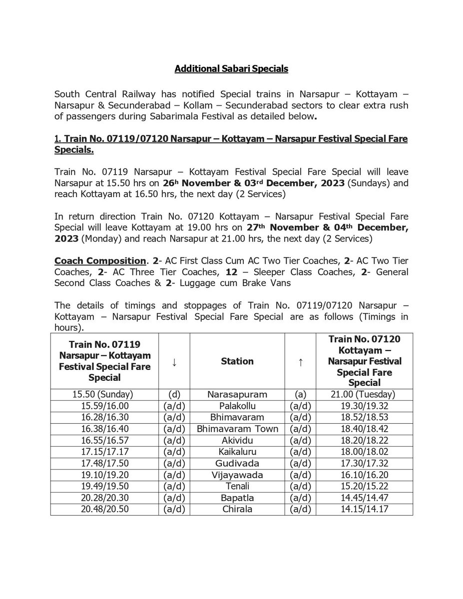 GMSRailway's tweet image. Sabari Specials 

South Central Railway has notified Special trains in #Narsapur – #Kottayam –
Narsapur &amp;amp; Secunderabad – #Kollam – #Secunderabad sectors to clear extra rush 
of passengers during #Sabarimala Festival , Kindly take note and plan your travel 

#SouthernRailway