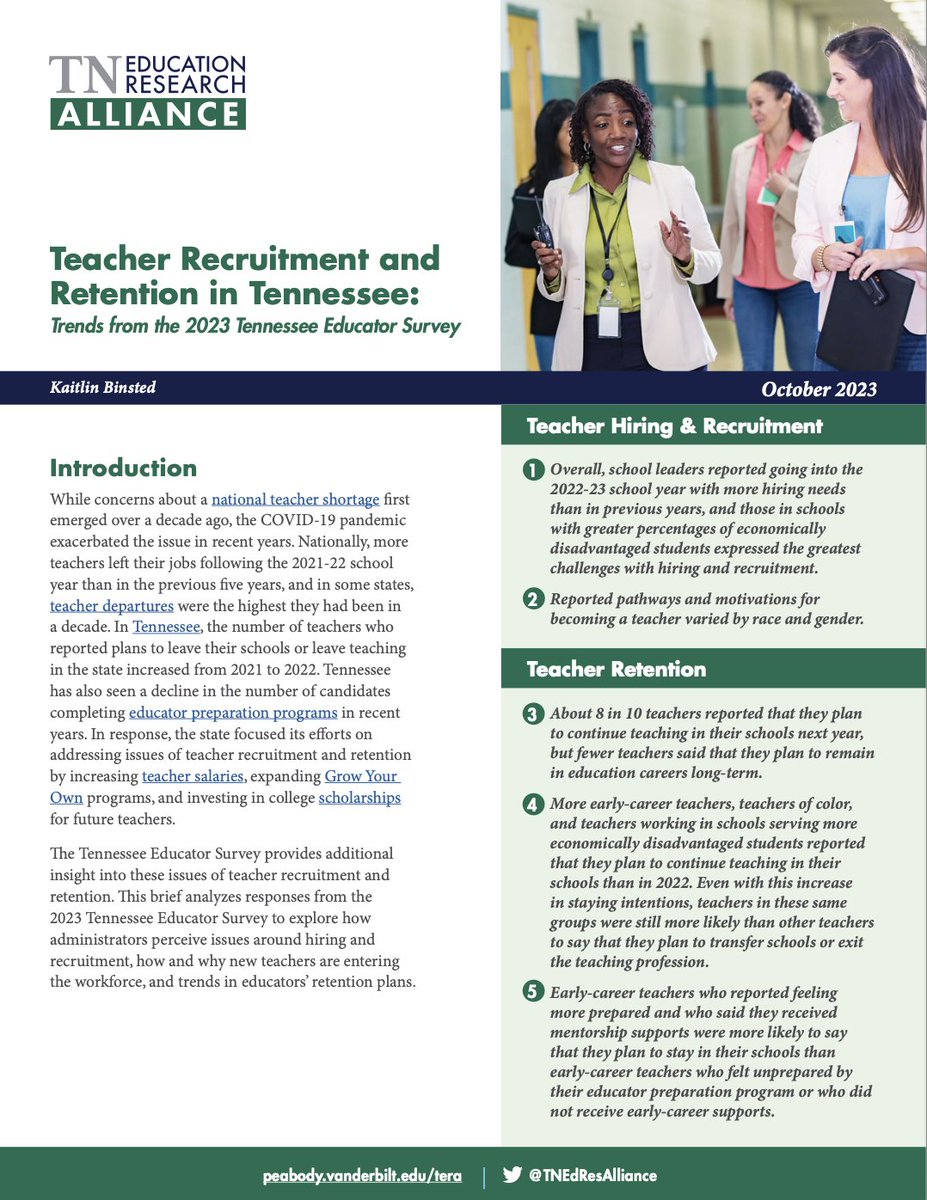 📢 New research alert! The 2023 #TNEdSurvey briefs are now live! Check out TERA's first brief in this series about teacher retention and recruitment in TN. vu.edu/tes-2023-teach…

🧵(1/6)