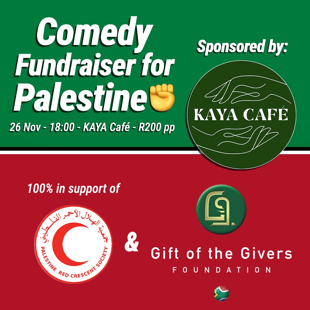 THIS COMING SUNDAY

Cape Town's Comedy Fundraiser for 🇵🇸

<a href="/Ya_a_seen_Him/">Yaaseen Barnes</a> 
JOINED BY:
<a href="/kenwyntheking/">Kenwyn Davids</a> 
<a href="/LazGola/">Lazola Gola</a> 
<a href="/Candace_Fortune/">Kaas_Kween 👑</a> 
<a href="/Carmzjw/">a young widow 🇵🇸🇵🇸🇵🇸🇵🇸</a> 
<a href="/Eugene_Mathews/">Eugene 'Gina' Mathews 🇿🇦🏳️‍🌈</a> 
<a href="/Kaashif786/">Kaashif Stellenboom</a>
<a href="/PungDubious/">Ismail Moses</a> 
&amp; Yazeed Solomons

26th Nov - Sun - R200pp Quicket - 35 Loop.
In support of <a href="/GiftoftheGivers/">Gift of the Givers</a> &amp; PRC