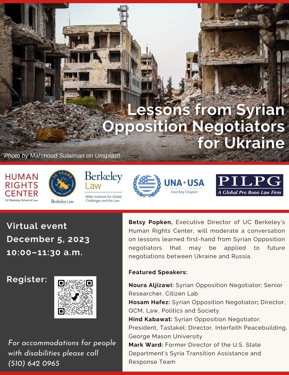 Dec. 5: Join us, @millerinstitute, @PILPG, @UNAEASTBAY & @BerkeleyIHRLC for a virtual conversation between HRC's @Besty_Popken, @HindKabawat, @MHossamHafez, Noura Aljizawi & Mark Ward applying lessons learned from Syria negotiations to Ukraine and Russia: berkeley.zoom.us/webinar/regist…
