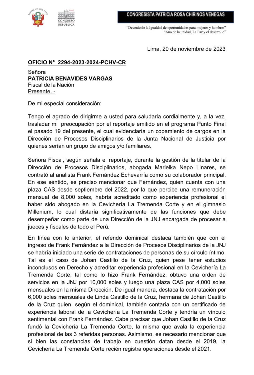 PattyChirinosVe's tweet photo. Es evidente q el copamiento de las Direcciones clave de la JNJ tiene la intención de manipular y favorecer en los procesos, ratificaciones y nombramientos a un grupo de jueces y fiscales “amigos”. Exhorto a la @FiscaliaPeru a realizar las acciones necesarias, toda vez q este festín de contratos configuraría como delito contra la fe pública y organización criminal. También insto a la @ContraloriaPeru a realizar la diligencias correspondientes frente a estas contrataciones, a fin de determinar responsabilidades y sea posible aplicar las sanciones correspondientes.