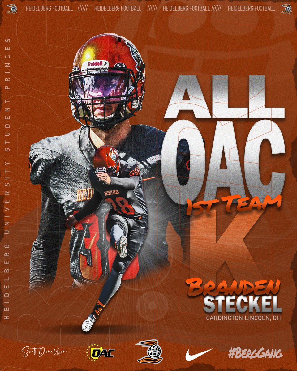 Branden Steckel is a 4x All-OAC Performer and 3x 1st Team and was a All-American in 2022. He was perfect on PAT's, 6/8 on FG's and had the 2 longest FG's in the OAC this year (48, 48)

He is leaving as the greatest kicker in history of Heidelberg, holds almost every record.