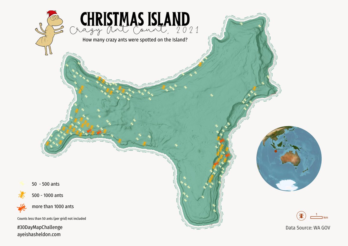 For today's Outdoor theme of the #30DayMapChallenge I bring you the #crazyant count on Christmas Island. 

1, do you know about crazy ants (they are really called that)? and 2, do you know where Christmas Island is? 

#geospatialdata #cARTography