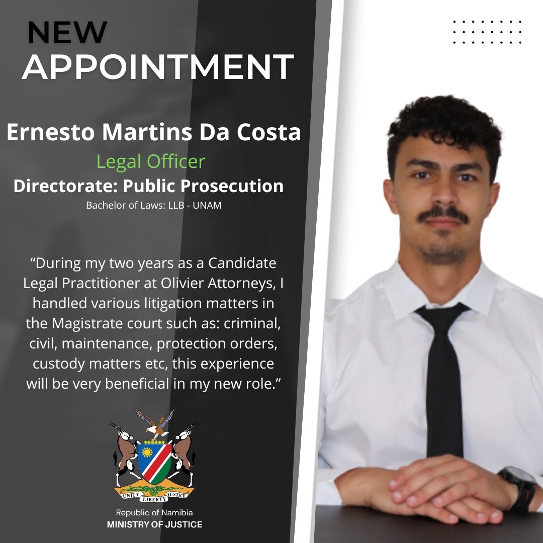 DoJNamibia's tweet photo. 𝐍𝐄𝐖 𝐀𝐏𝐏𝐎𝐈𝐍𝐓𝐌𝐄𝐍𝐓𝐒!
The Ministry is thrilled to announce the appointment of 26 new Public Prosecutors who will be assuming their duties on different dates between November 2023 to January 2024.
The Ministry to Congratulations its new staff &amp; wish them all the best ! https://t.co/kLufI8mtT4