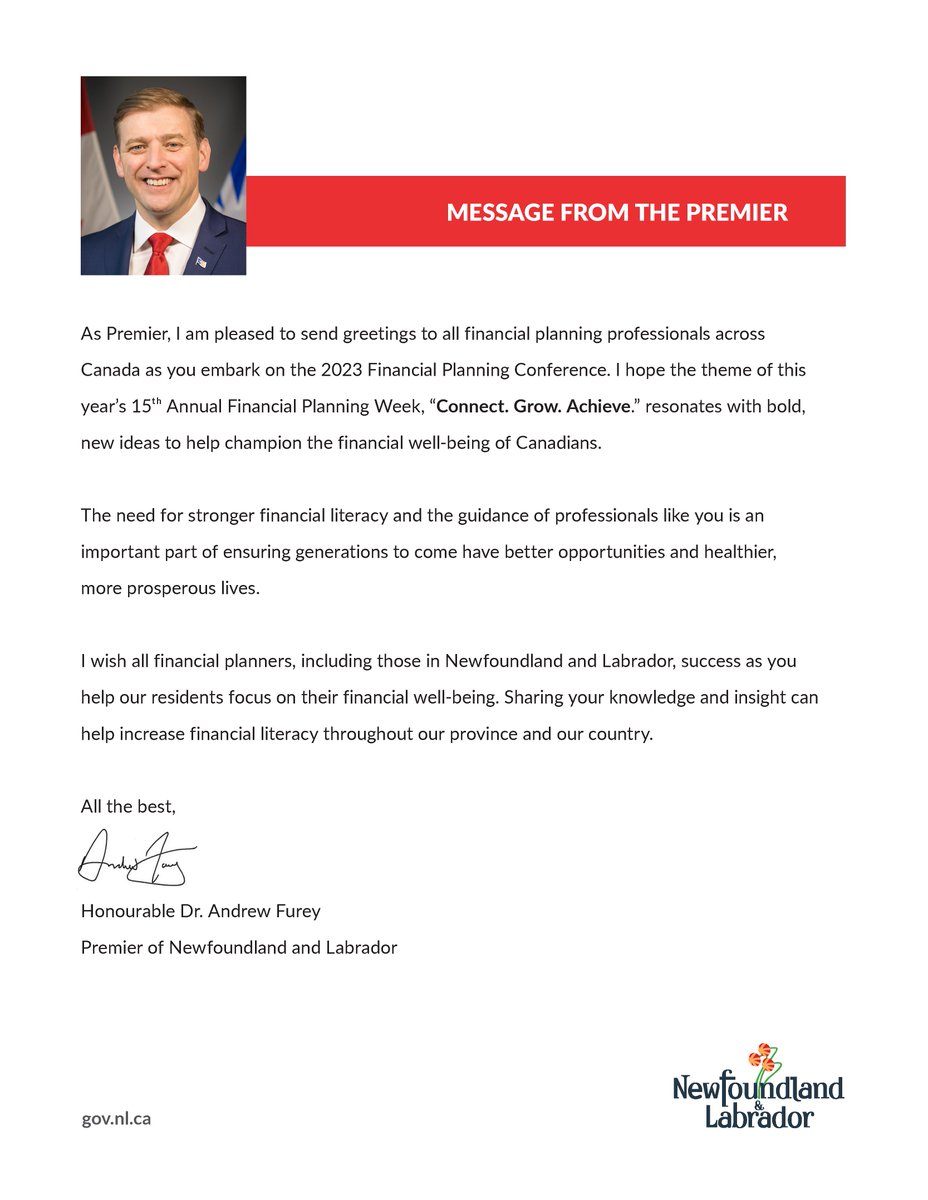 We’re very pleased to share a message from the Premier of Newfoundland and Labrador. Thank you Premier @andrewfurey for recognizing the value of the guidance that professional financial planners provide. #FPW2023 #FLM2023 #CFP #QAFP @GovNL @Fin_GovNL #nlpoli