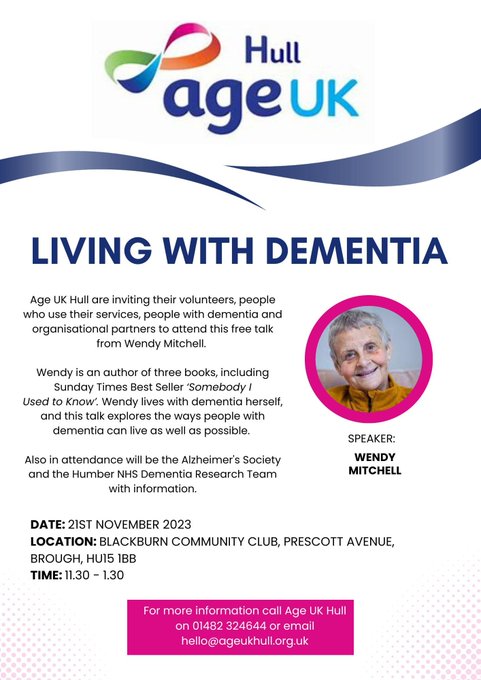 Humber NHS Research Team (@researchhumber) on Twitter photo 📚🗣️Tomorrow 21st November <a href="/ResearchHumber/">Humber NHS Research Team</a> & <a href="/alzheimerssoc/">Alzheimer's Society</a> will be joining the inspirational Wendy Mitchell at the Blackburn Community Club in Brough. Why not pop along and see us!? 😃 📚🗣️Tomorrow 21st November <a href="/ResearchHumber/">Humber NHS Research Team</a> & <a href="/alzheimerssoc/">Alzheimer's Society</a> will be joining the inspirational Wendy Mitchell at the Blackburn Community Club in Brough. Why not pop along and see us!? 😃