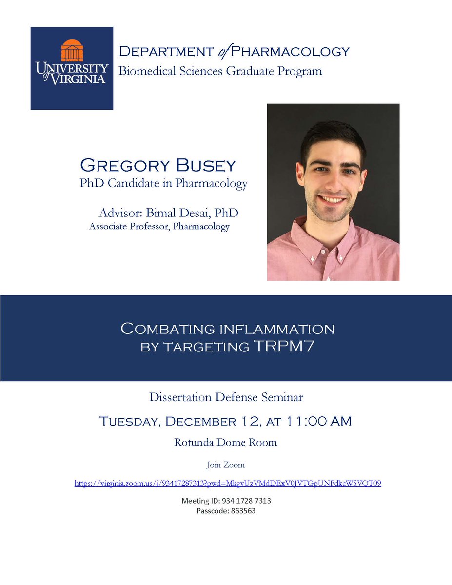 Please come out and support Greg Busey and his Advisor, Dr. Bimal Desai as he presents his dissertation defense Tuesday, December 12, 2023 at 11AM....way to go Greg! Pharm is proud of you!