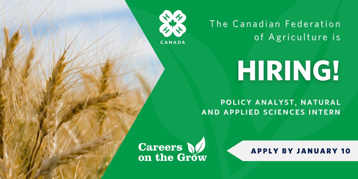 4-H Canada Careers on the Grow 🌱 Internship Spotlight: Currently working towards a degree in environmental studies, natural science, or public administration? <a href="/CFAFCA/">CFA</a> has just the position for you: bit.ly/3QPZkOk