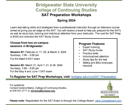 SL_Guidance's tweet photo. Attention Lakers!  If you are interested in taking an SAT Prep program through Bridgewater State, please feel free to take a look! https://t.co/5qwTl8eqzu