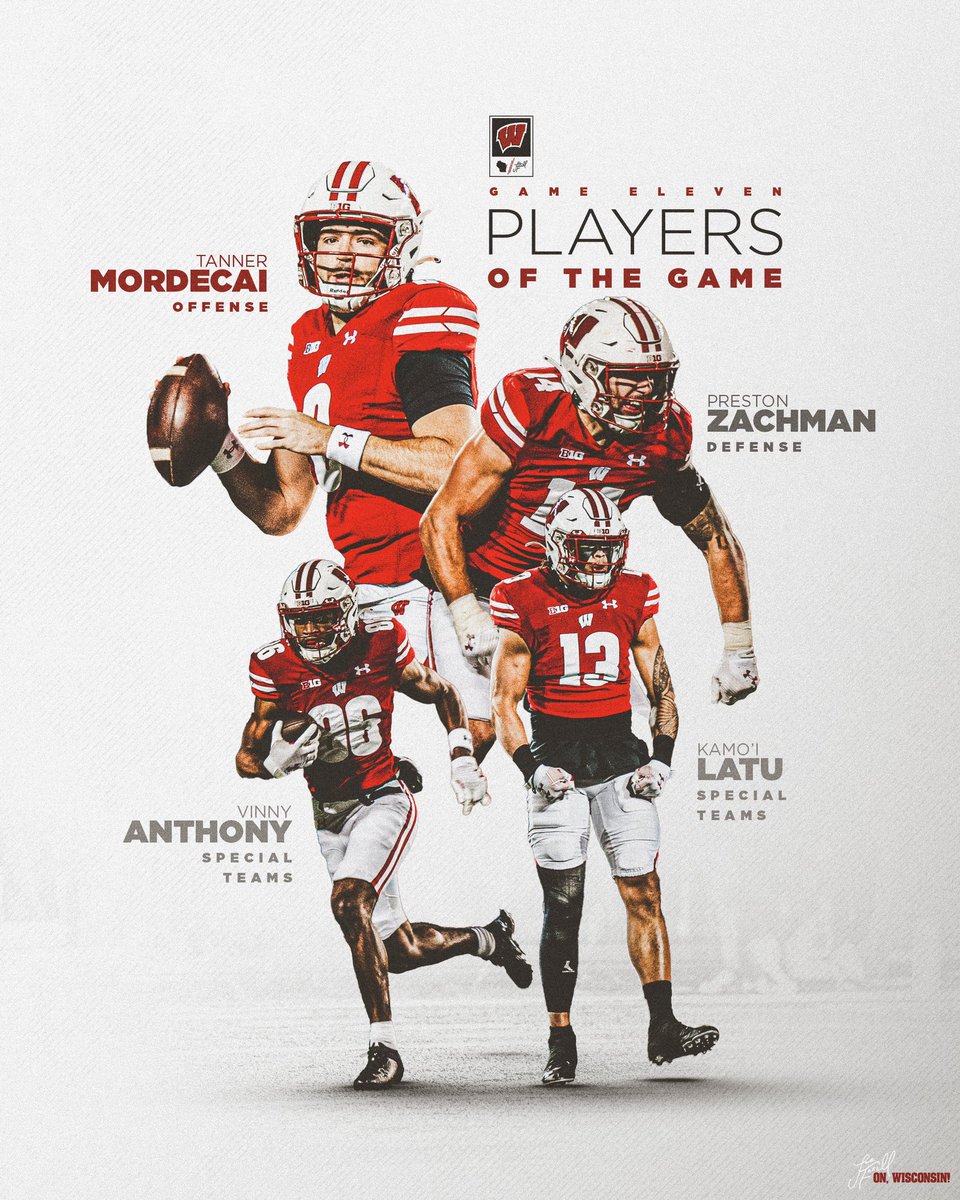 Luke Fickell (@coachfick) on Twitter photo Players of the Game vs. Nebraska
👐 Offense | <a href="/t_mordecai/">Tanner Mordecai</a>
👐 Defense | <a href="/ZachmanPreston/">Preston Zachman</a>
👐 Special Teams | <a href="/15Latu/">KaMō’ī LaTu</a> + <a href="/VinnyAnthony1/">Vinny Anthony II</a>
#OnWisconsin | #TEAM Players of the Game vs. Nebraska
👐 Offense | <a href="/t_mordecai/">Tanner Mordecai</a>
👐 Defense | <a href="/ZachmanPreston/">Preston Zachman</a>
👐 Special Teams | <a href="/15Latu/">KaMō’ī LaTu</a> + <a href="/VinnyAnthony1/">Vinny Anthony II</a>
#OnWisconsin | #TEAM