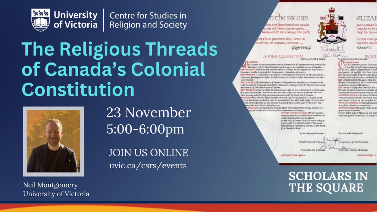 Join us this Thursday for a discussion of the religious influences on Canada's constitution, as well as some of the consequences for contemporary Indigenous land claims. Neil Montgomery in conversation with Avigail Eisenberg. @uvicpoli @UVicHumanities @UVicResearch @IGOV_UVic