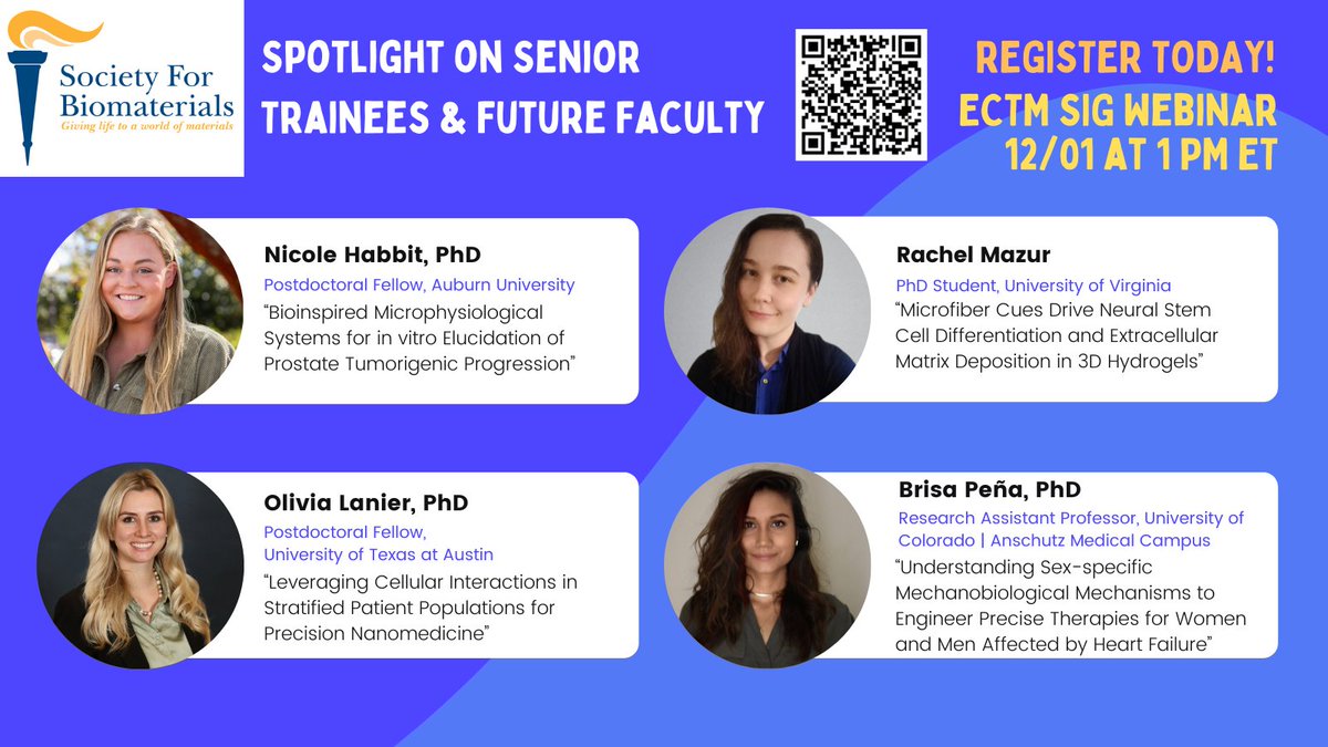 🌟 Exciting News! 🌟 Join us for a Spotlight on Senior Trainees and Future Faculty as hosted by the Engineering Cells & Their Microenvironments SIG. 🧪🔬 🗓️ Date: December 1st | Time: 1 PM ET 👉 Register here: bit.ly/3sA51a2