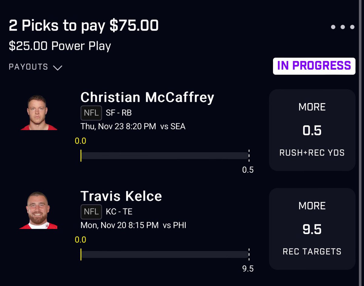 McCaffrey Free Square 🏈

Pairing it up with Kelce targets. Love the matchup here in primetime vs the Eagles 

Let’s Cash. 

#GamblingTwitter #GamblingCommunity #NFL  #PrizePicks #DFS