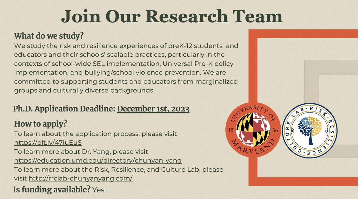 I am excited to recruit 1-2 doctoral students to join the school psychology program at the University of Maryland, College Park for Fall 2024. Join our Risk, Resilience, and Culture Lab in the vibrant UMD campus and the greater DC area! Please help share within your network🙏