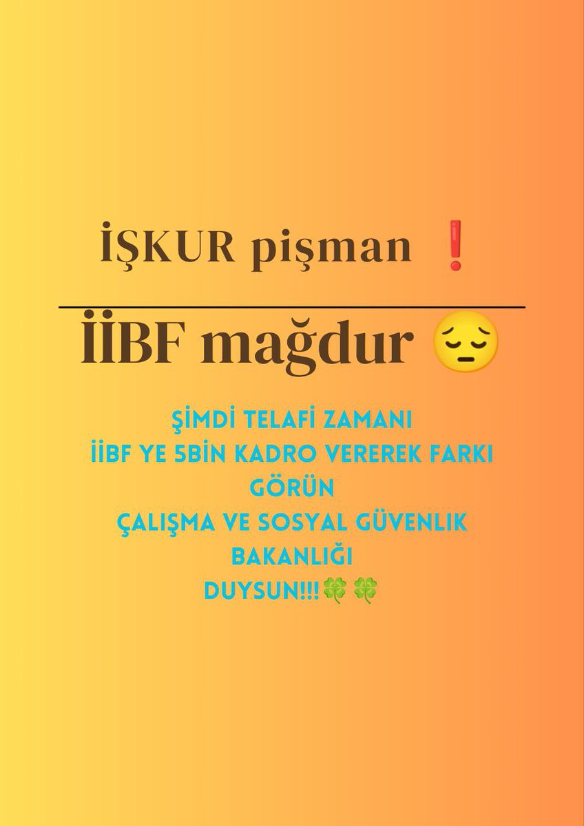 <a href="/iibfbirlik_/">İİBF BİRLİK</a> <a href="/RTErdogan/">Recep Tayyip Erdoğan</a> <a href="/isikhanvedat/">Prof. Dr. Vedat Işıkhan</a> <a href="/AtaySalim/">Salim Atay, Doç.Dr</a> <a href="/gulmeznese/">Dr. Neşe Gülmez</a> @tccbiko <a href="/csgbakanligi/">T.C. Çalışma ve Sosyal Güvenlik Bakanlığı</a> Diğer fakülte mezunları (4001) uzmanı olmadıkları kadrolara atanıp o kadroları istifa edip boş bırakarak kurumlarımızı mağdur etmektedirler.
Bu mağduriyeti gidermek, işimize sahip çıkmak için varız..,