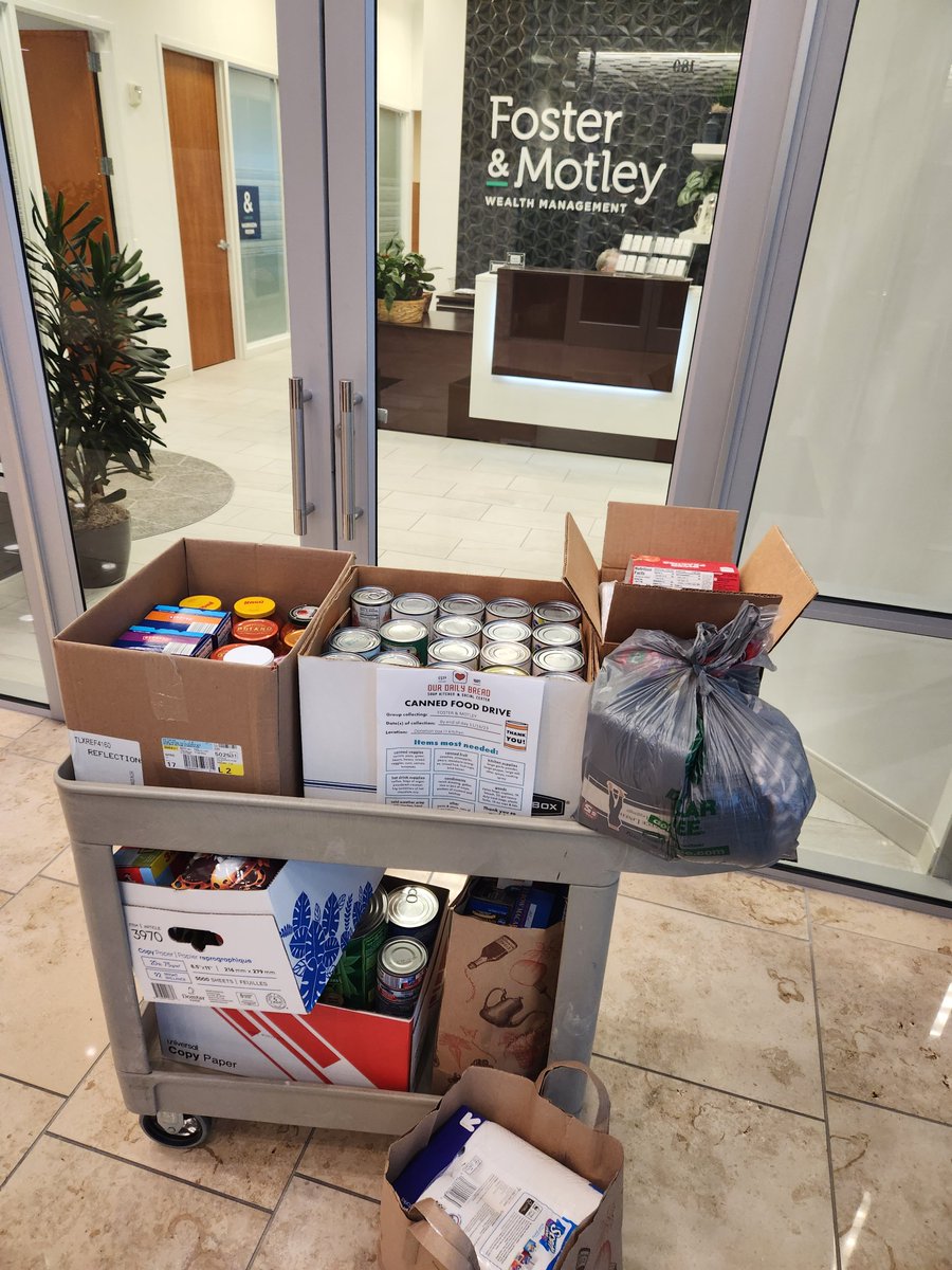 Thank you to Foster and Motley for hosting a canned food drive the past few weeks! They collected over 100 cans of food, plus other items like forks, napkins, cake mix, and more!

Learn more about canned food drives and other food donations on our website: ourdailybread.us/donate-food/