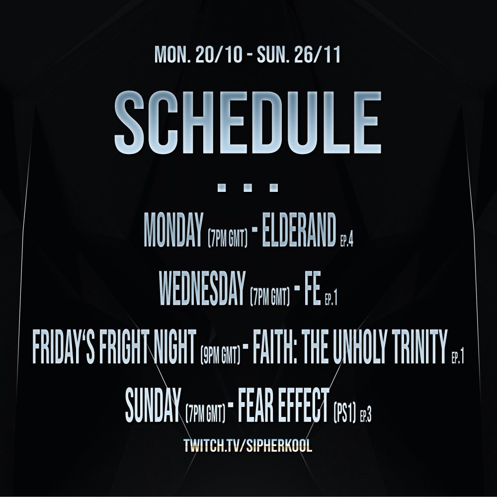 SipherKoolGamer's tweet photo. Here's this week's stream schedule! If you wanna support, or just visit to enjoy the games, come to https://t.co/SJdXJDZGJU

#faithunholytrinity #horrorgame #fe #firstplaythrough #firstplay #streamschedule #elderand #feareffect #ps1 #actionadventure #metroidvania #platform https://t.co/sThn5xMEtV