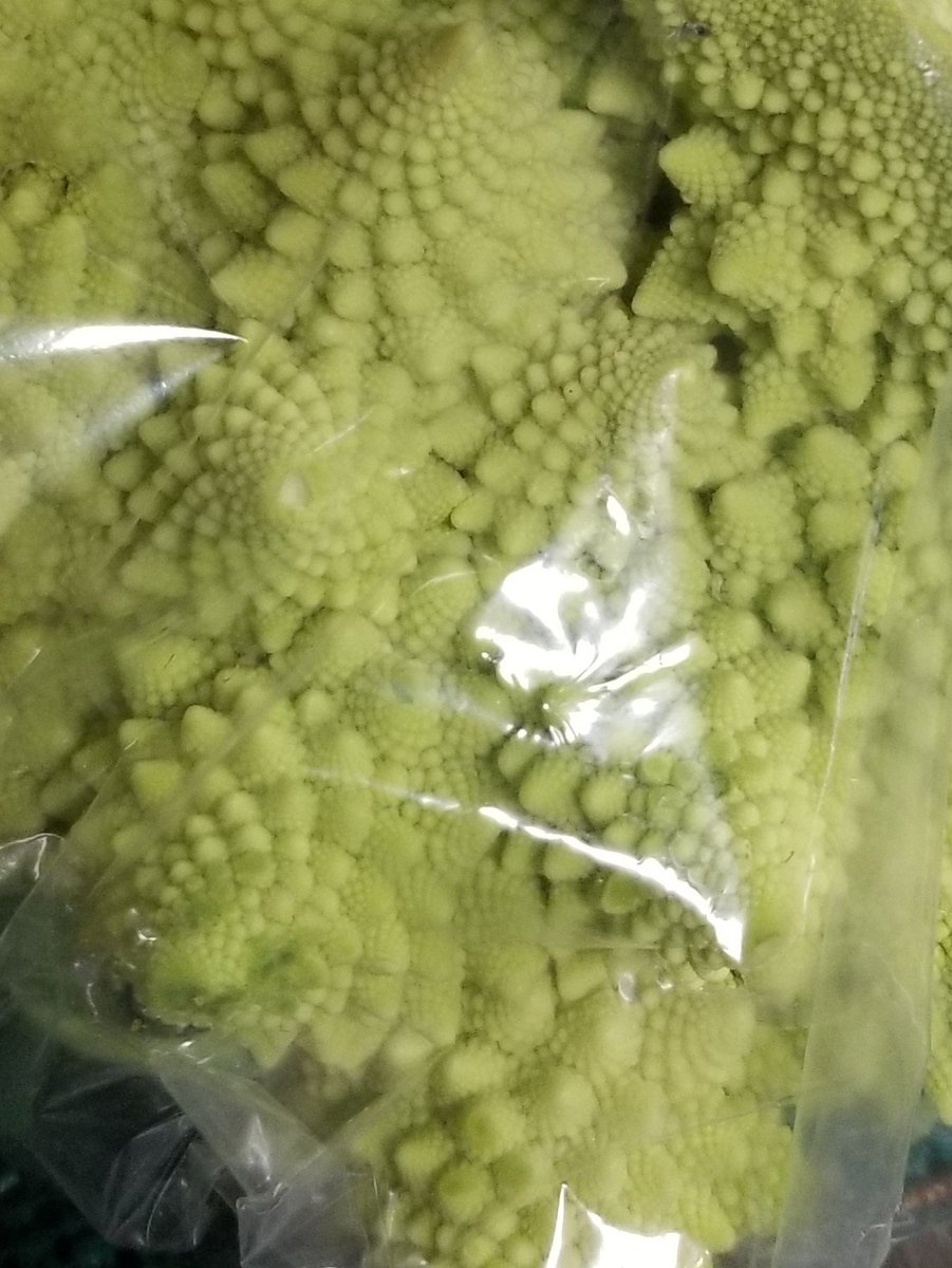 Fractal Cauliflower is back!  (Romanesco)  Taste like a mix between broccoli and cauliflower.  Impress your fibonacci friends at thanksgiving.
