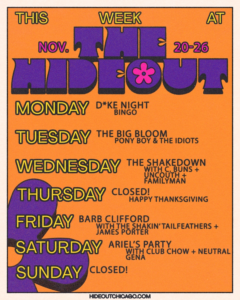 hideoutchicago's tweet photo. Simply electric collection of shows lined up for you this week!

💥See you soon💥 https://t.co/Q9repqDRrR