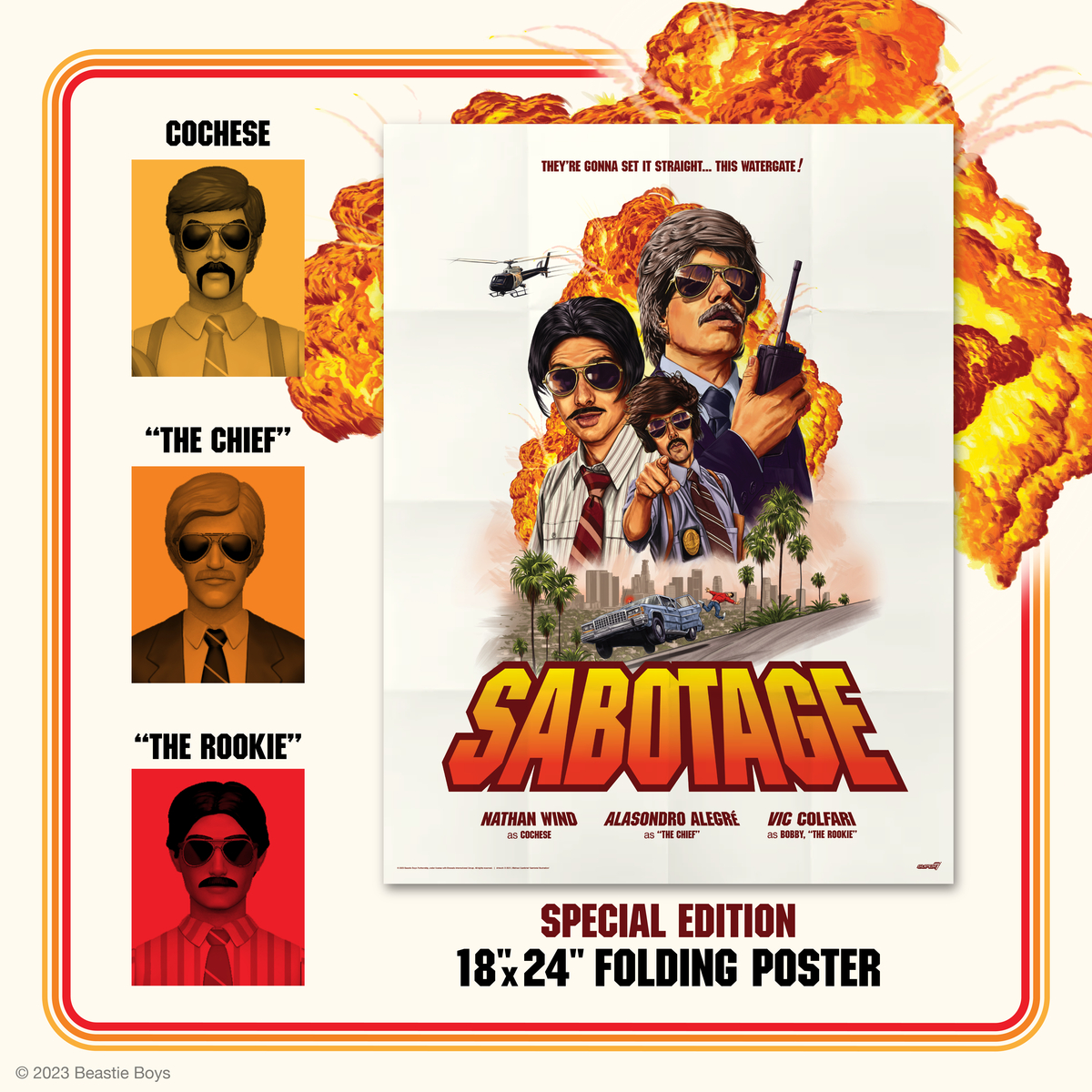 super7store's tweet image. This 3-pack of 3.75” scale, articulated ReAction Figures come packaged in a dramatic-big-explosion-walkaway diorama box and includes a 18”x24” movie-style “Sabotage” poster. Available now at Super7.com! super7.com/products/beast… @beastieboys  #Super7