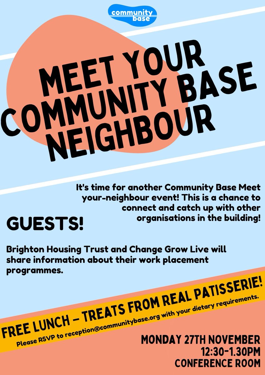 CommunityBase's tweet photo. 🥪 One week to go! 🥪 

If you work in @CommunityBase then come along for a social lunch on Monday! 

We'll be joined by @BHT_Sussex and @ChangeGrowLive who will be sharing information about their work placement programmes. 

#Brighton #BrightonandHove #CommunityBase #Networking https://t.co/2RyYlIvKdJ