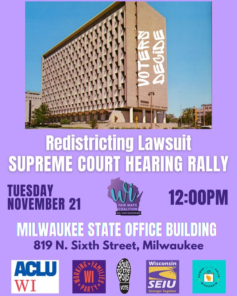 polls_souls's tweet image. When we draw legislative maps, we choose what hospitals, schools, and resources are funded in our neighborhood. Join us at the Milwaukee State Office building tomorrow at 12pm to support #FairMaps as a pivotal redistricting lawsuit goes before #SCOWIS. We deserve an equal voice!