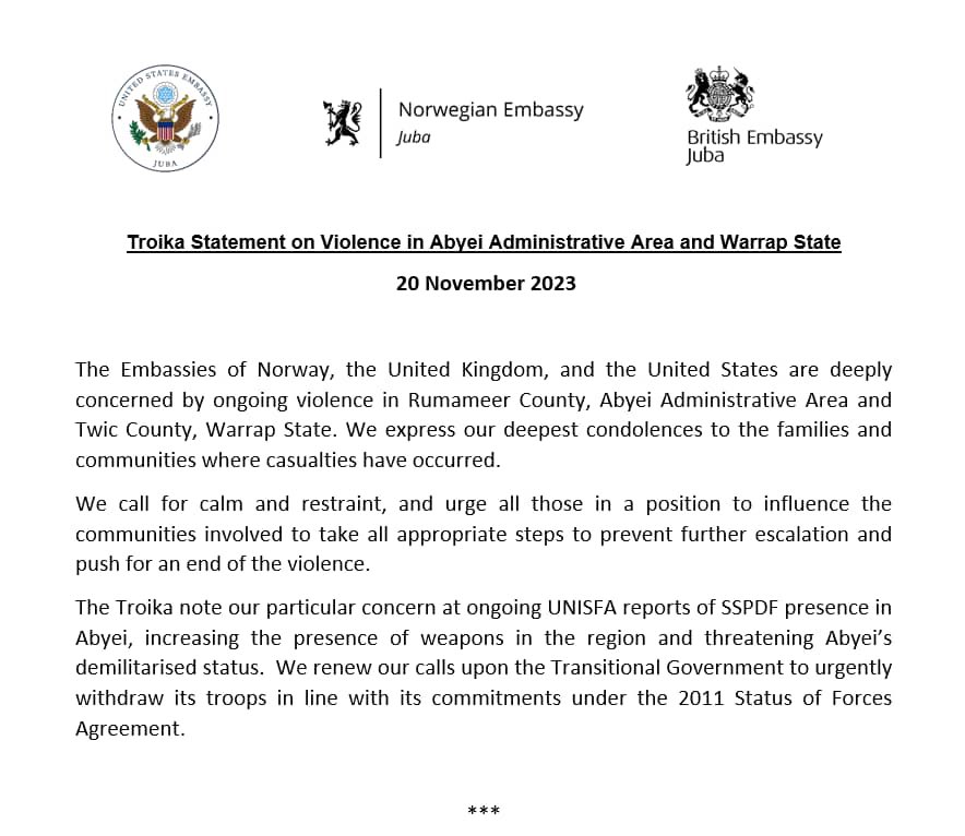 Reports of violence in Rumameer County, Abyei Administrative Area, and Twic County-Warrap State are extremely concerning.  #SouthSudan 

Troika 🇳🇴🇺🇸🇬🇧 Statement👇