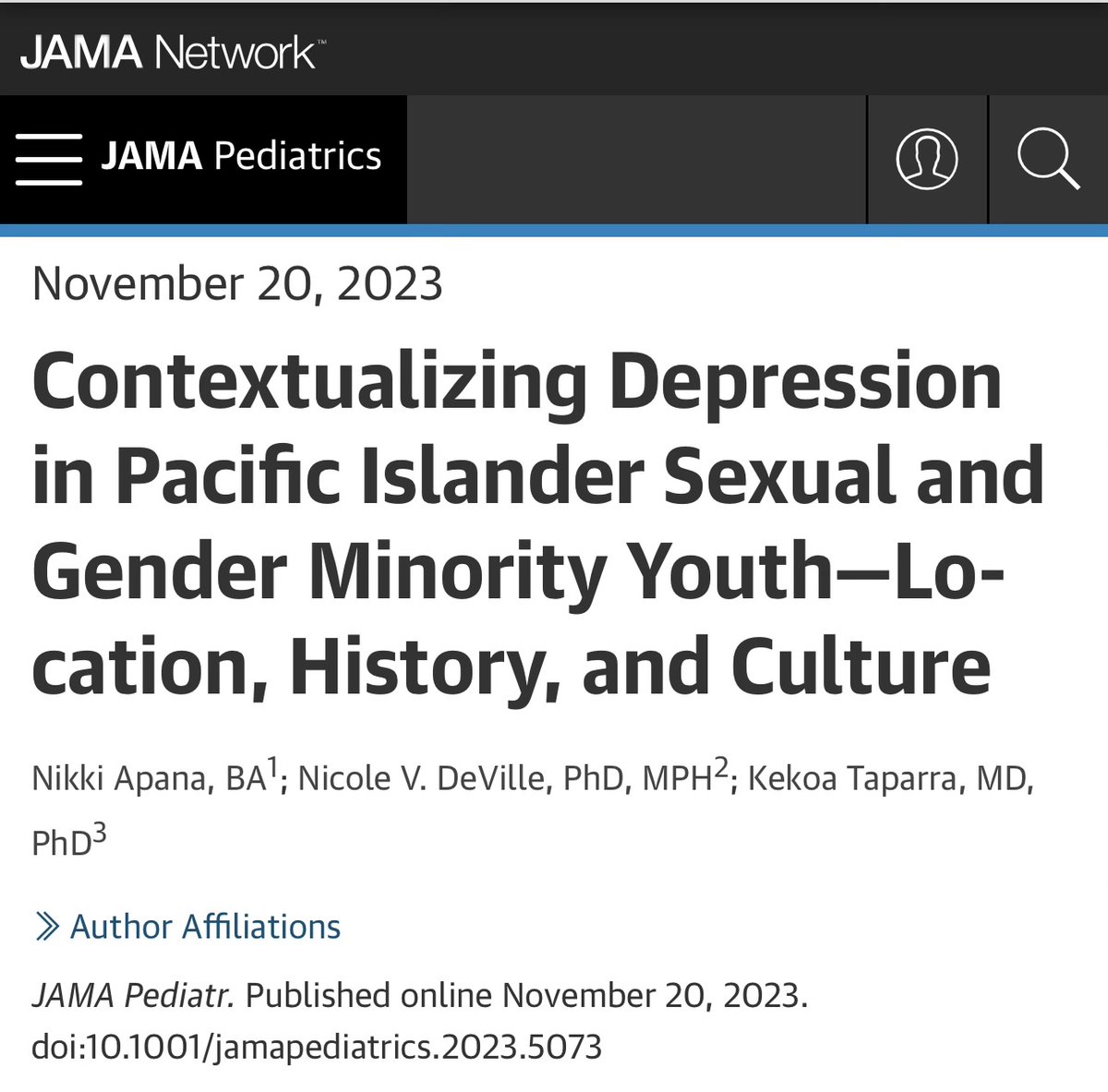 Congrats to <a href="/NikkiApana/">Nikki Kalani Apana</a> (<a href="/UCSFMedicine/">UCSF School of Medicine</a>) &amp; <a href="/nicole_deville/">Nicole DeVille</a> for shedding light on #MentalHealth among SGM youth from a #PacificIslander perspective

To combat data colonization, we must include #PacificIslanderVoices in research about our communities

🔗jamanetwork.com/journals/jamap…