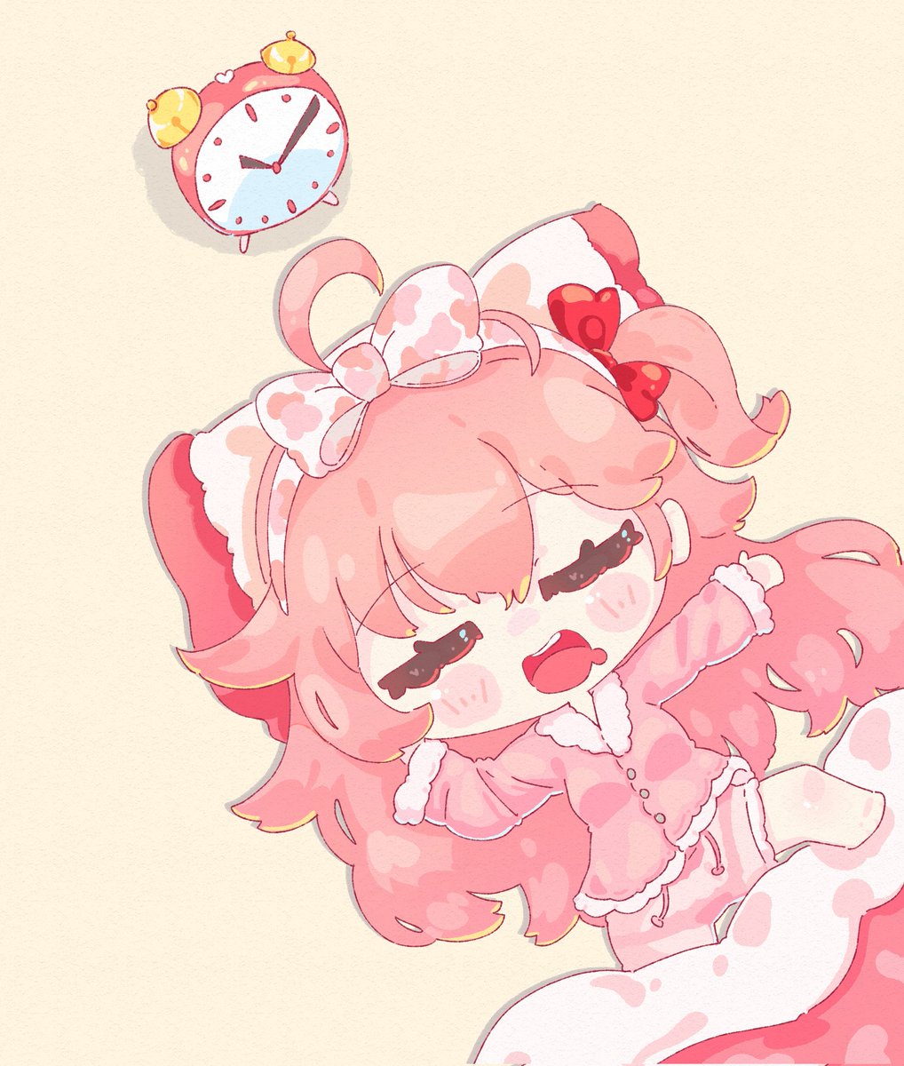 sakura miko 1girl pink hair pajamas open mouth ahoge closed eyes alarm clock  illustration images