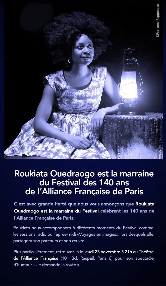 Roukiata Ouedraogo (@roukiatao) on Twitter photo Je suis fière de vous annoncer que j’ai été choisie par l’Alliance Française de Paris pour être la marraine du festival célébrant les 140 ans de son Alliance du 23 au 25 novembre.
Réservation 👇🏾😉
dice.fm/event/m9bgv-ro…
<a href="/alliancefrparis/">Alliance Française de Paris</a> 🙏🏾🙌🏾
<a href="/KMMS_Prod/">Ki M'aime Me Suive 🐧</a> Je suis fière de vous annoncer que j’ai été choisie par l’Alliance Française de Paris pour être la marraine du festival célébrant les 140 ans de son Alliance du 23 au 25 novembre.
Réservation 👇🏾😉
dice.fm/event/m9bgv-ro…
<a href="/alliancefrparis/">Alliance Française de Paris</a> 🙏🏾🙌🏾
<a href="/KMMS_Prod/">Ki M'aime Me Suive 🐧</a>